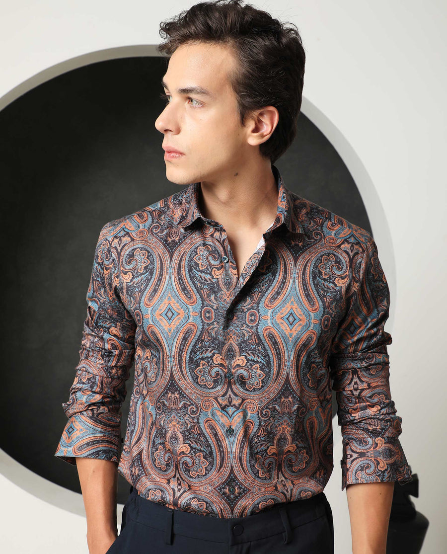 Rare Rabbit Men's Merger Navy Cotton Paisley Print Regular Fit Full Sleeve Collared Shirt