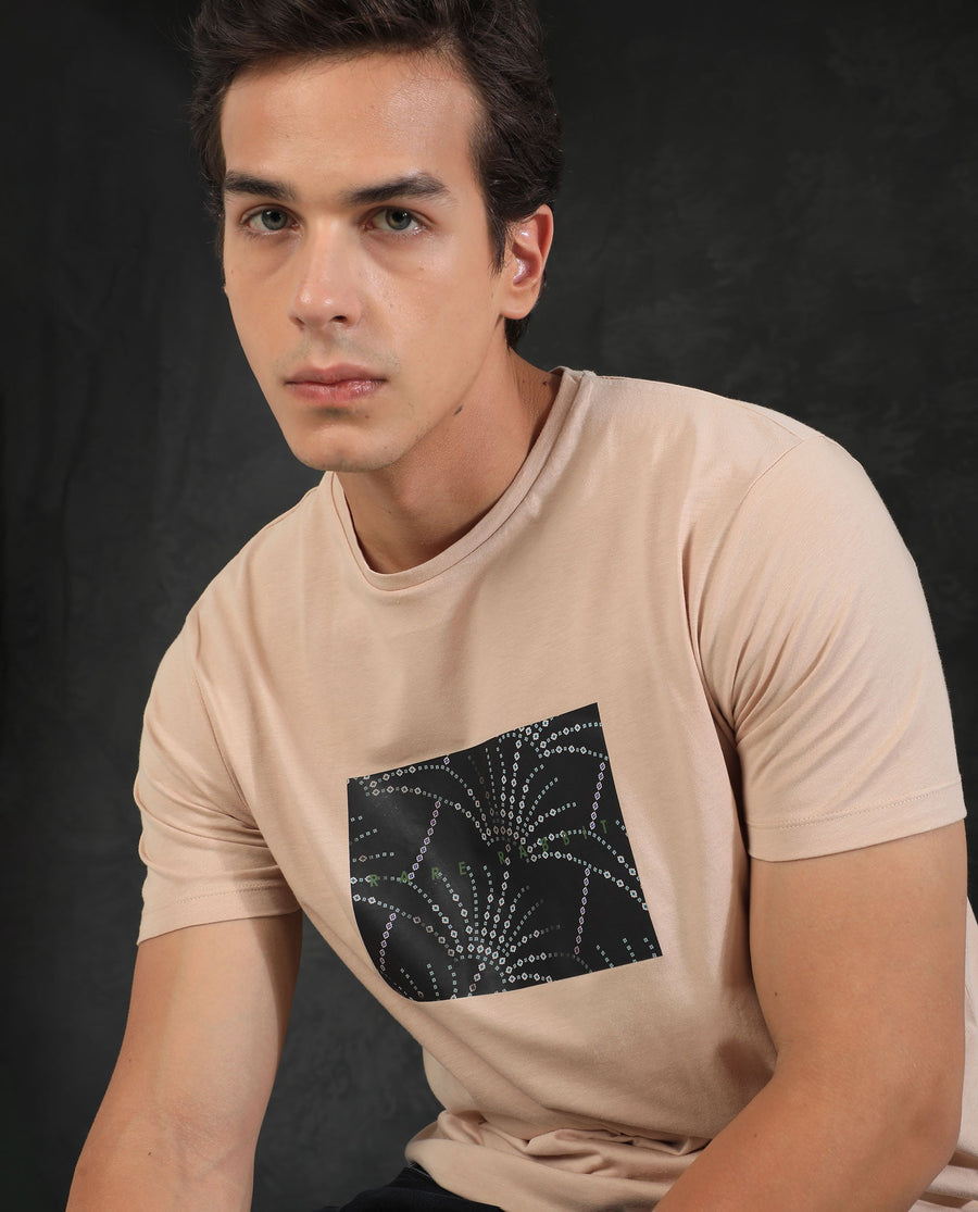Rare Rabbit Men's Glam Beige Cotton Graphic Print Slim Fit Half Sleeve Crew Neck T-Shirt