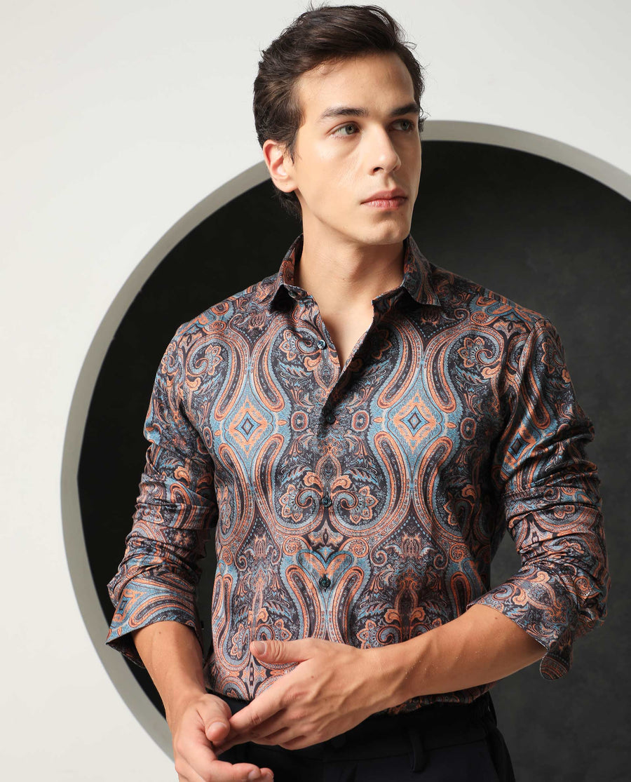 Rare Rabbit Men's Merger Navy Cotton Paisley Print Regular Fit Full Sleeve Collared Shirt