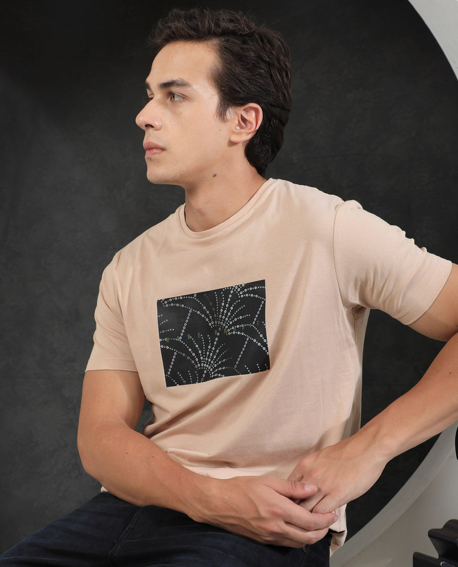 Rare Rabbit Men's Glam Beige Cotton Graphic Print Slim Fit Half Sleeve Crew Neck T-Shirt