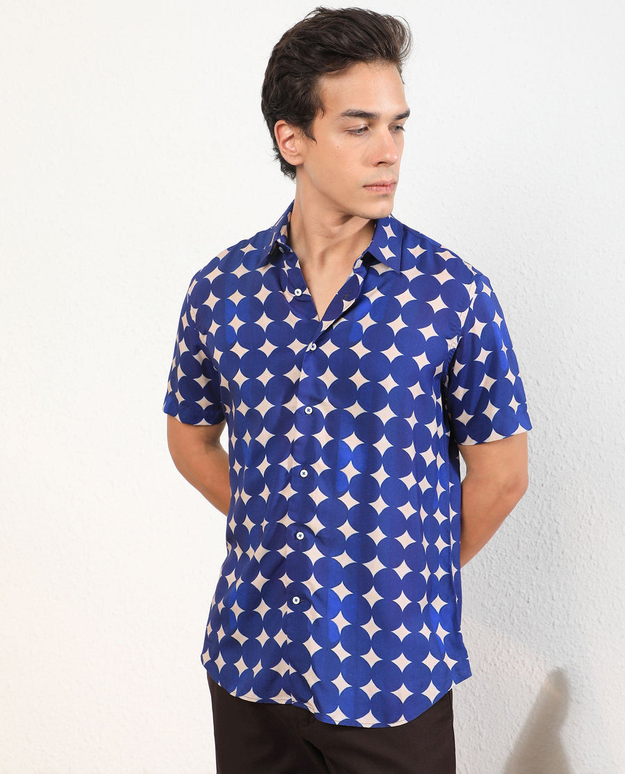 Rare Rabbit Men's Clinton Blue Viscose Geometric Print Regular Fit Half Sleeve Collared Shirt
