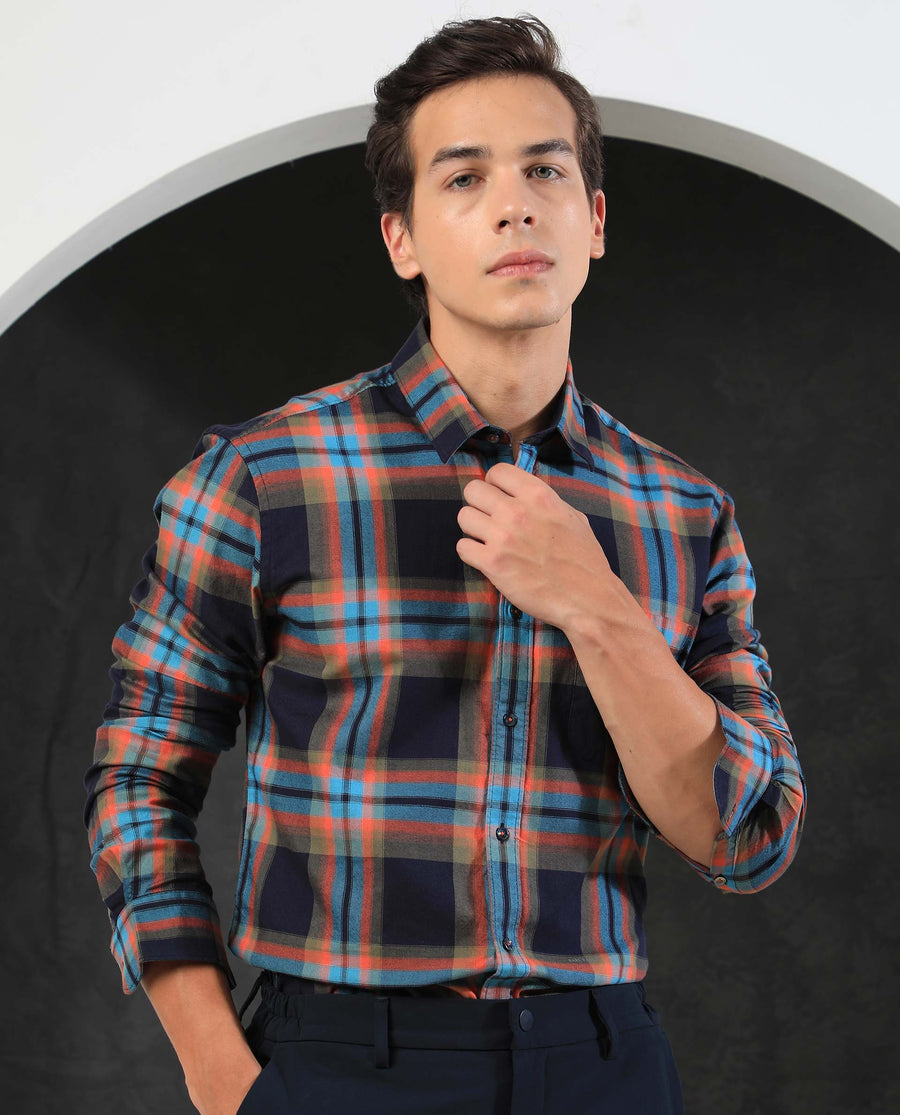 Rare Rabbit Men's Daneil Navy Cotton Checked Print Regular Fit Full Sleeve Collared Shirt