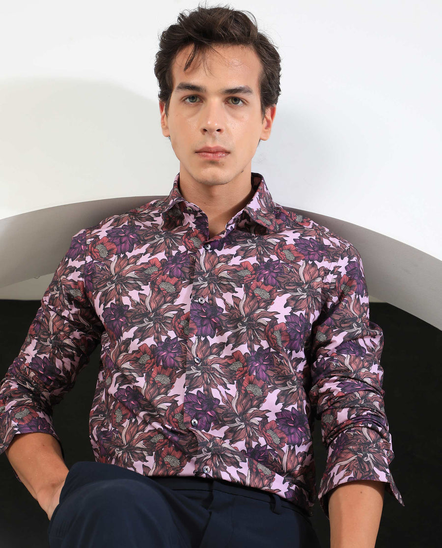 Rare Rabbit Men's Ezee Purple Cotton Floral Print Regular Fit Full Sleeve Collared Shirt