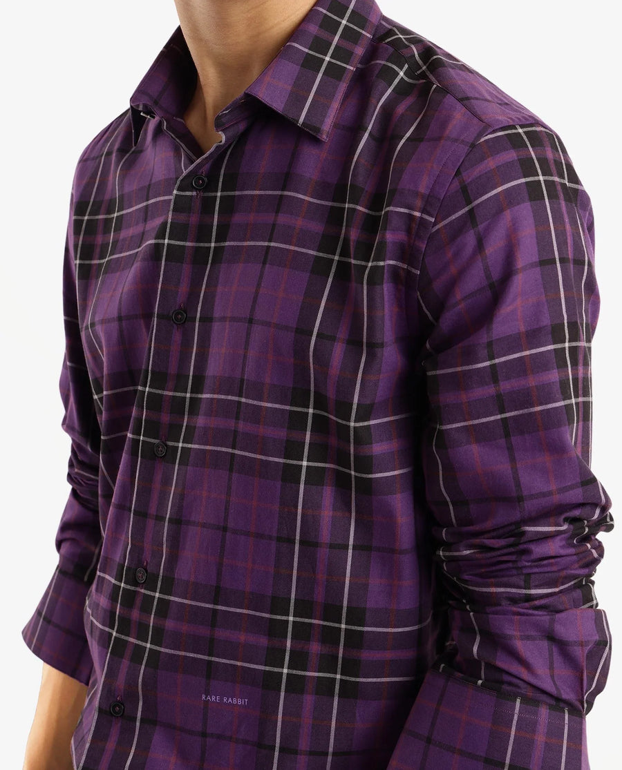 Rare Rabbit Men's Haze Dark Purple Cotton Checked Print Regular Fit Full Sleeve Collared Shirt