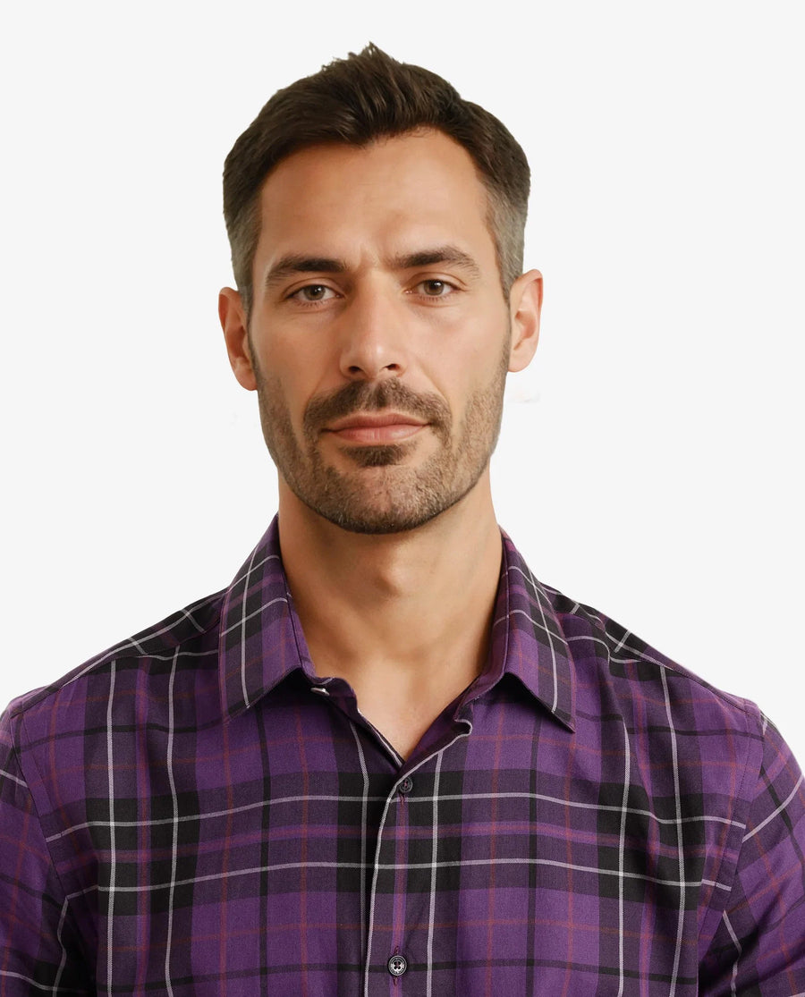 Rare Rabbit Men's Haze Dark Purple Cotton Checked Print Regular Fit Full Sleeve Collared Shirt