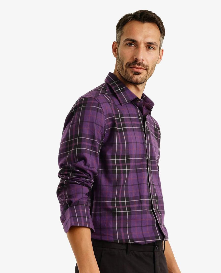 Rare Rabbit Men's Haze Dark Purple Cotton Checked Print Regular Fit Full Sleeve Collared Shirt