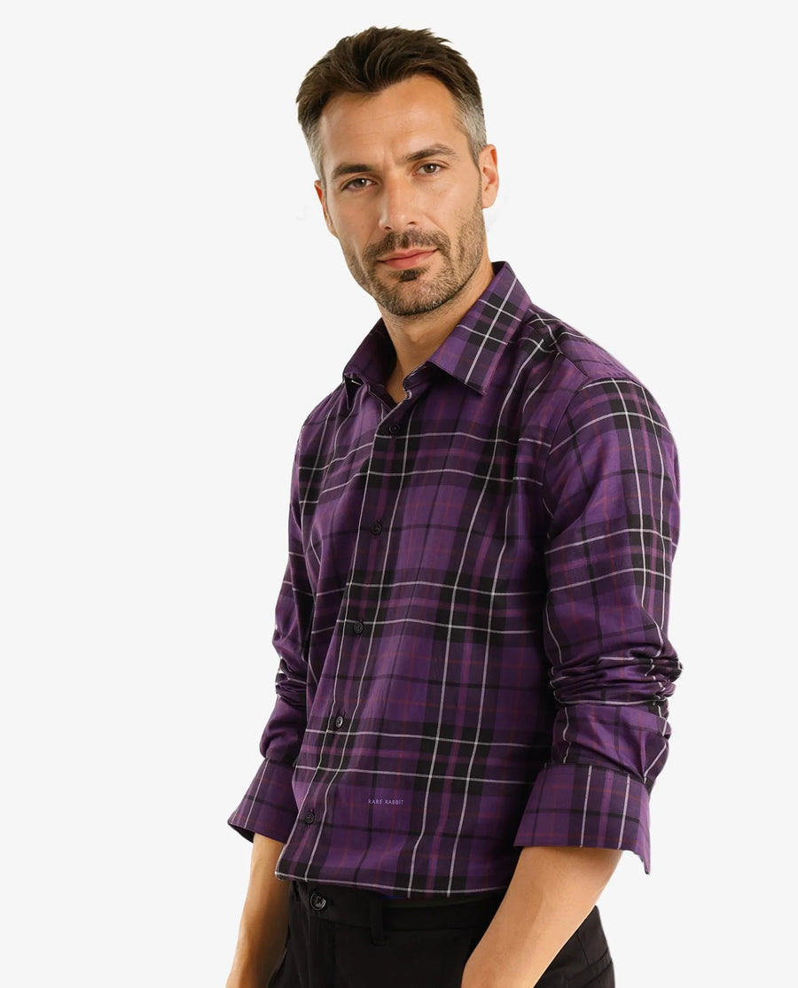 Rare Rabbit Men's Haze Dark Purple Cotton Checked Print Regular Fit Full Sleeve Collared Shirt