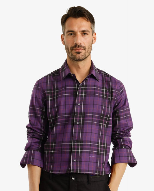 Rare Rabbit Men's Haze Dark Purple Cotton Checked Print Regular Fit Full Sleeve Collared Shirt