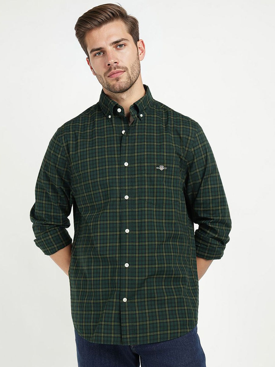 GANT Men Relaxed Fit Checked Button-Down Collar Pure Cotton Poplin Casual Shirt