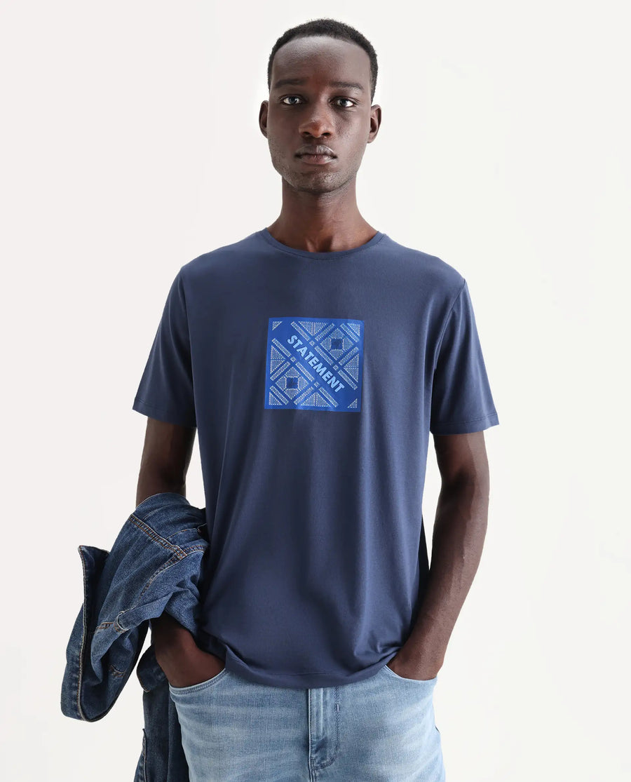 Rare Rabbit Men's Hemo Dusky Blue Cotton Blend Graphic Print Regular Fit Half Sleeve Crew Neck T-Shirt