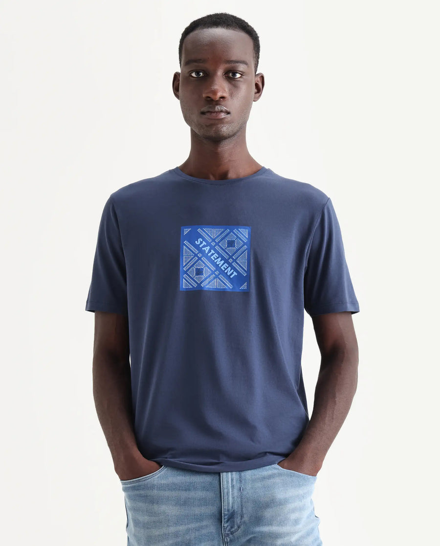 Rare Rabbit Men's Hemo Dusky Blue Cotton Blend Graphic Print Regular Fit Half Sleeve Crew Neck T-Shirt