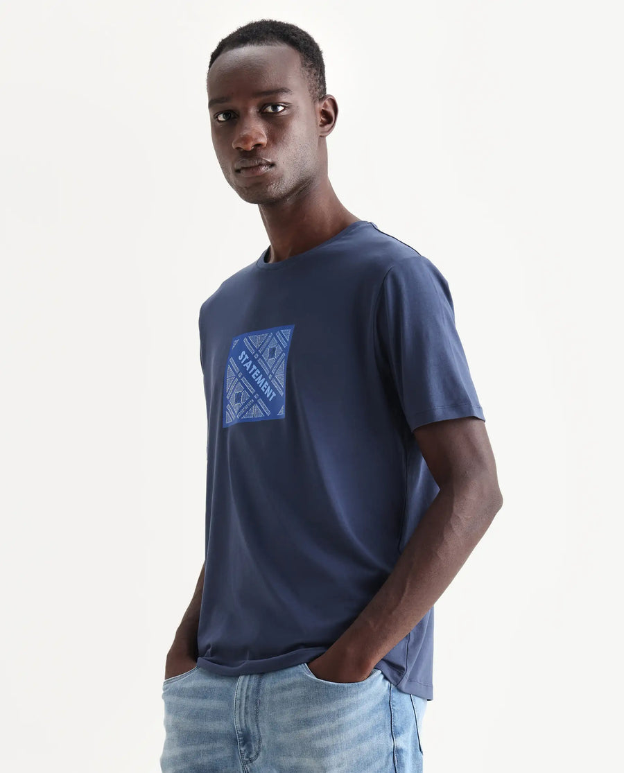 Rare Rabbit Men's Hemo Dusky Blue Cotton Blend Graphic Print Regular Fit Half Sleeve Crew Neck T-Shirt