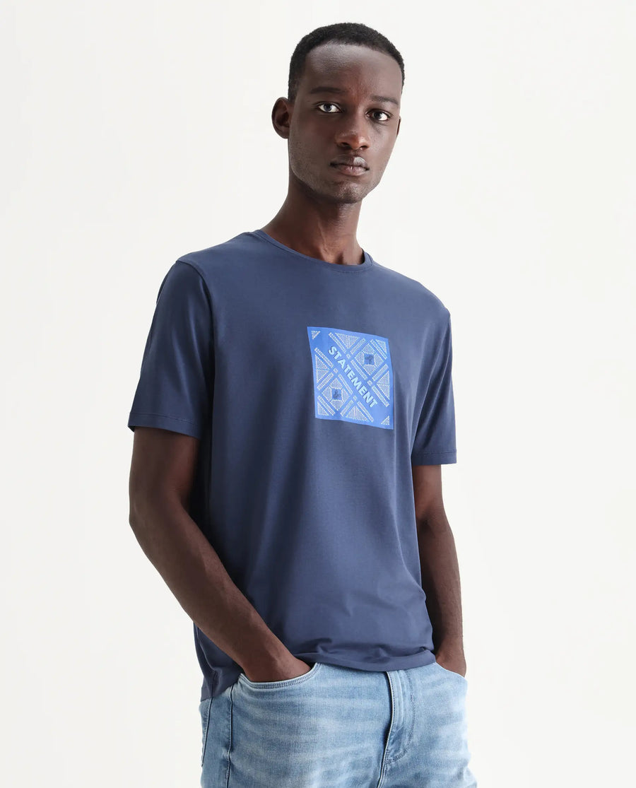 Rare Rabbit Men's Hemo Dusky Blue Cotton Blend Graphic Print Regular Fit Half Sleeve Crew Neck T-Shirt