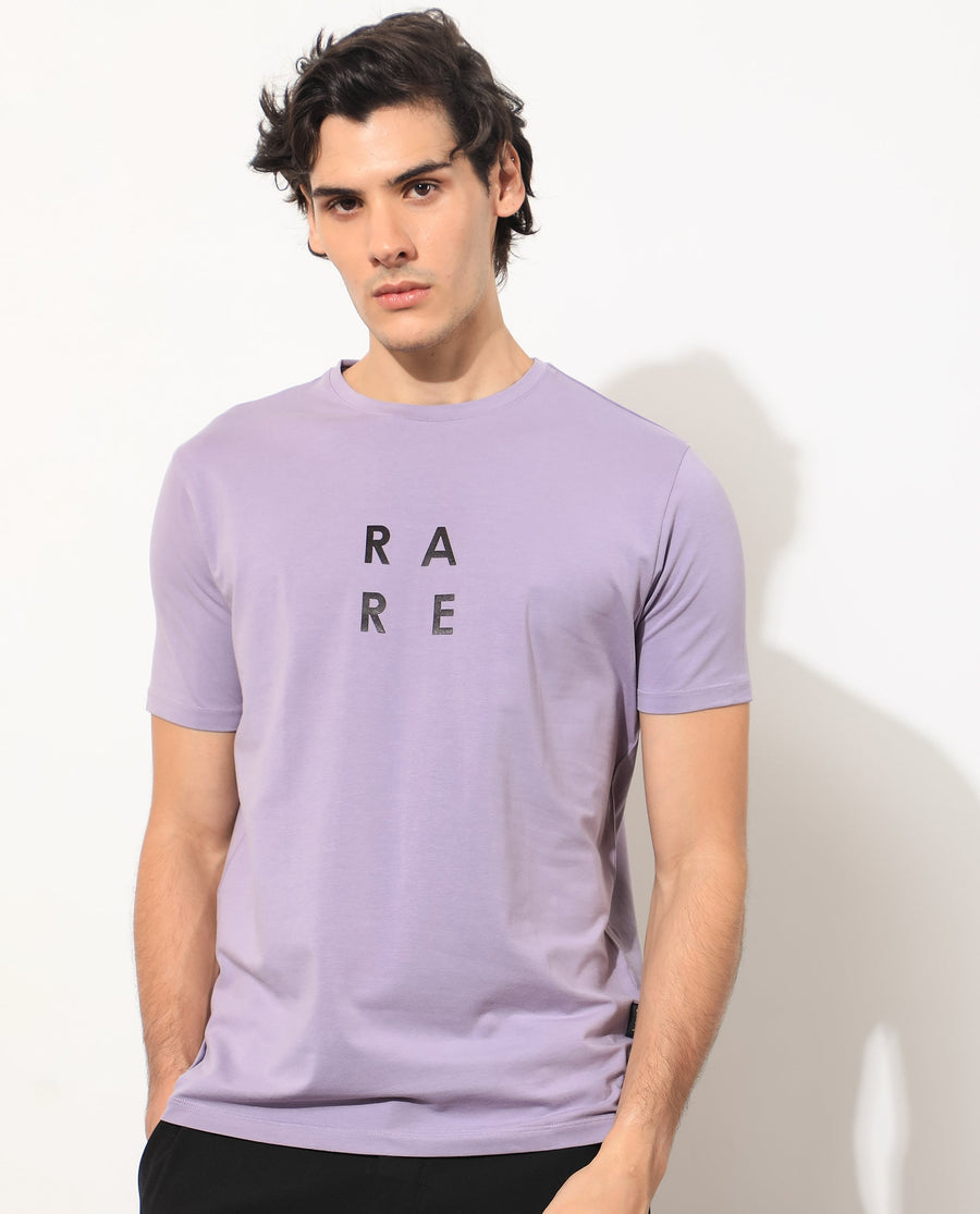 Rare Rabbit Men's Lalyy Purple Cotton Graphic Print Slim Fit Half Sleeve Crew Neck T-Shirt