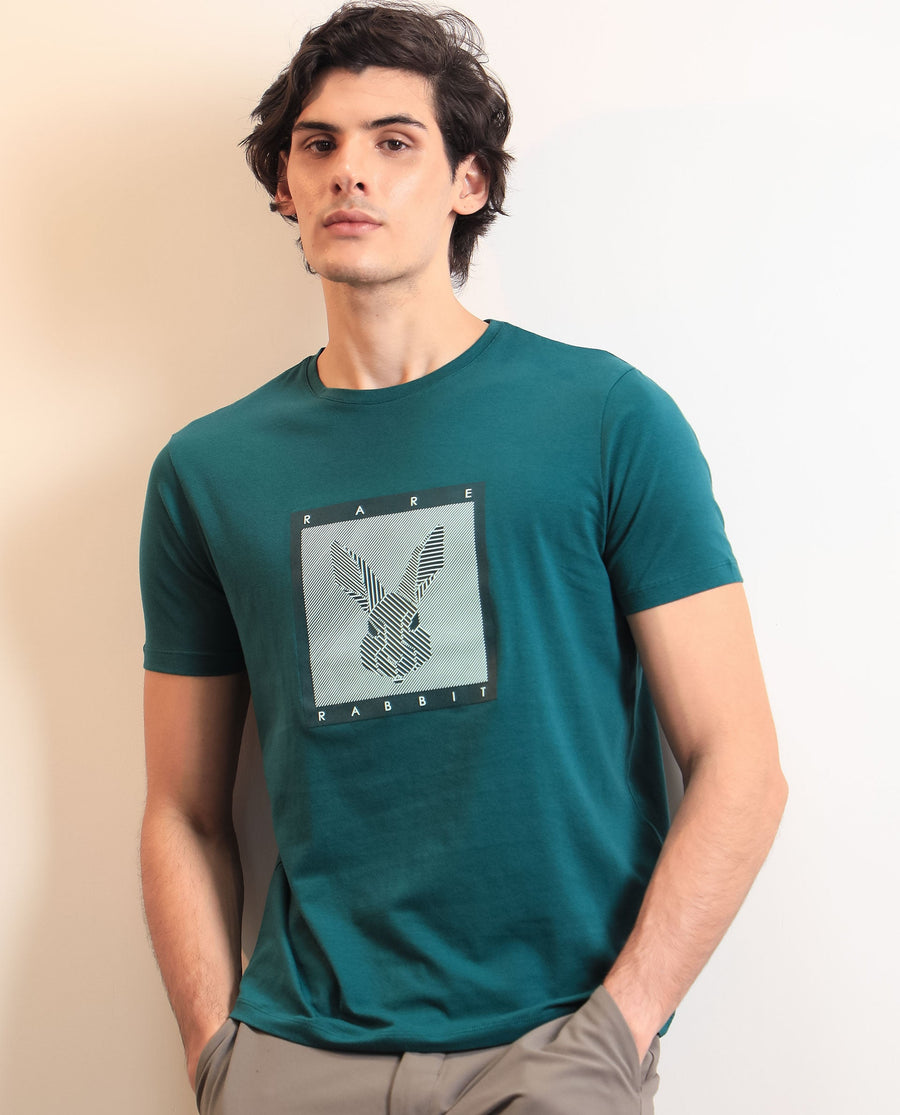 Rare Rabbit Men's Princeton Green Cotton Graphic Print Slim Fit Half Sleeve Crew Neck T-Shirt