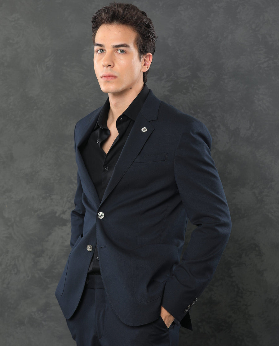 Rare Rabbit Men's Zanza Navy Polyester Plain Tailored Fit Full Sleeve Lapel Neck Suits