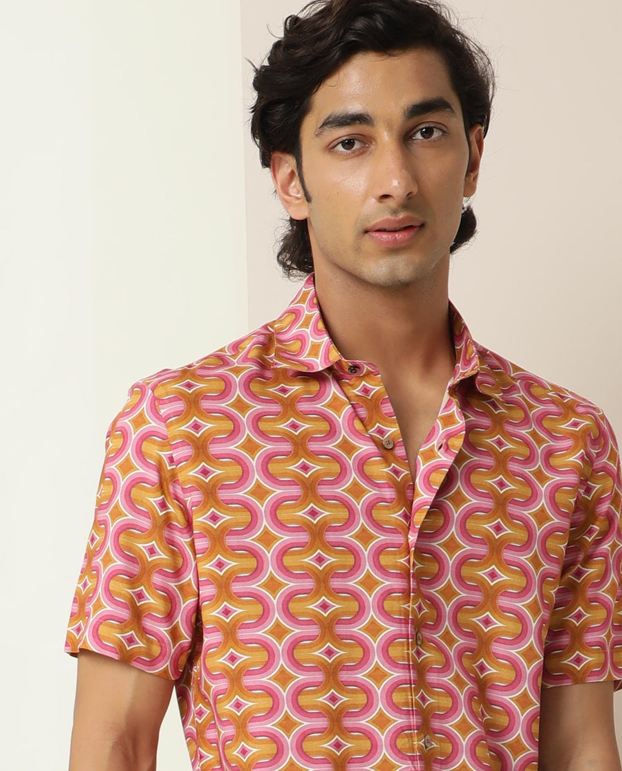 Rare Rabbit Men's Rebeus Multi Viscose Geometric Print Regular Fit Half Sleeve Collared Shirt