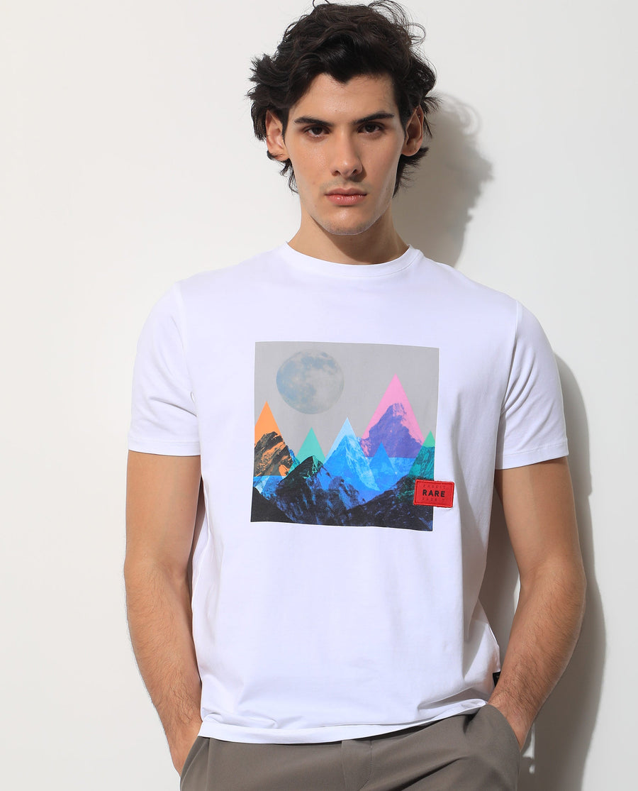 Rare Rabbit Men's Oden White Cotton Graphic Print Slim Fit Half Sleeve Crew Neck T-Shirt