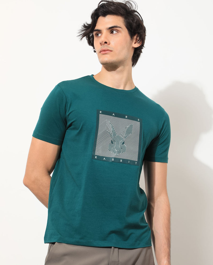 Rare Rabbit Men's Princeton Green Cotton Graphic Print Slim Fit Half Sleeve Crew Neck T-Shirt