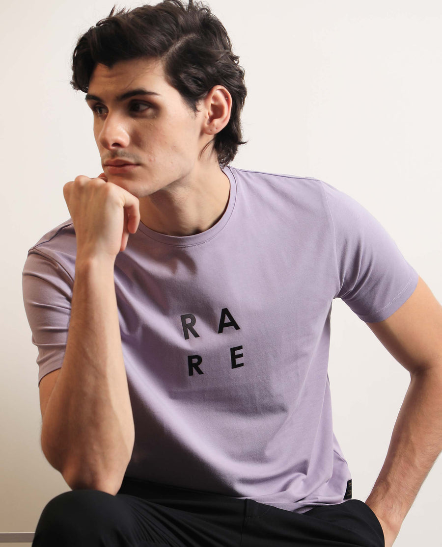 Rare Rabbit Men's Lalyy Purple Cotton Graphic Print Slim Fit Half Sleeve Crew Neck T-Shirt