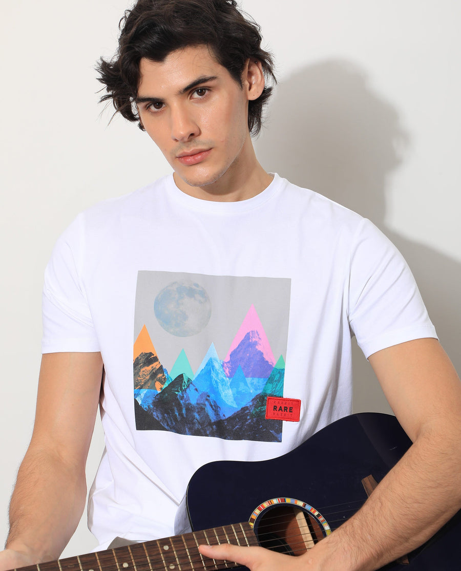 Rare Rabbit Men's Oden White Cotton Graphic Print Slim Fit Half Sleeve Crew Neck T-Shirt