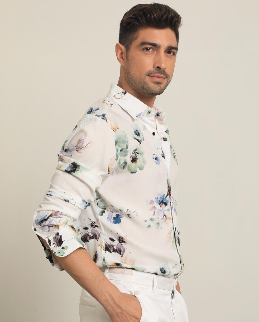 Rare Rabbit Men's Flowey White Viscose Floral Print Regular Fit Full Sleeve Collared Shirt
