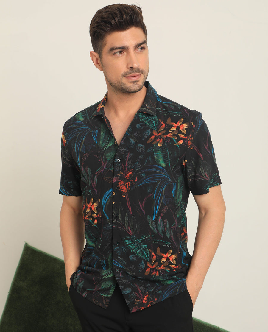 Rare Rabbit Men's Dabney Black Viscose Tropical Print Regular Fit Half Sleeve Collared Shirt