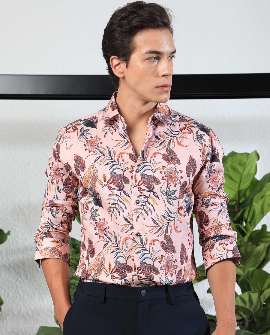 Rare Rabbit Men's Mison Pink Cotton Floral Print Regular Fit Full Sleeve Collared Shirt