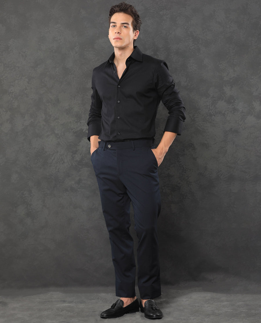 Rare Rabbit Men's Zanza Navy Polyester Plain Tailored Fit Full Sleeve Lapel Neck Suits