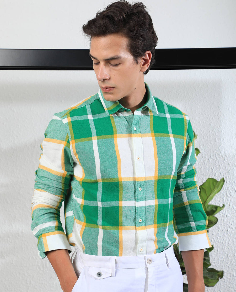 Rare Rabbit Men's Rayo Green Cotton Checked Print Regular Fit Full Sleeve Collared Shirt
