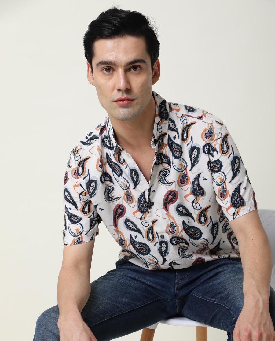 Rare Rabbit Men's Ivys Ss Beige Viscose Printed Regular Fit Half Sleeve Collared Shirt