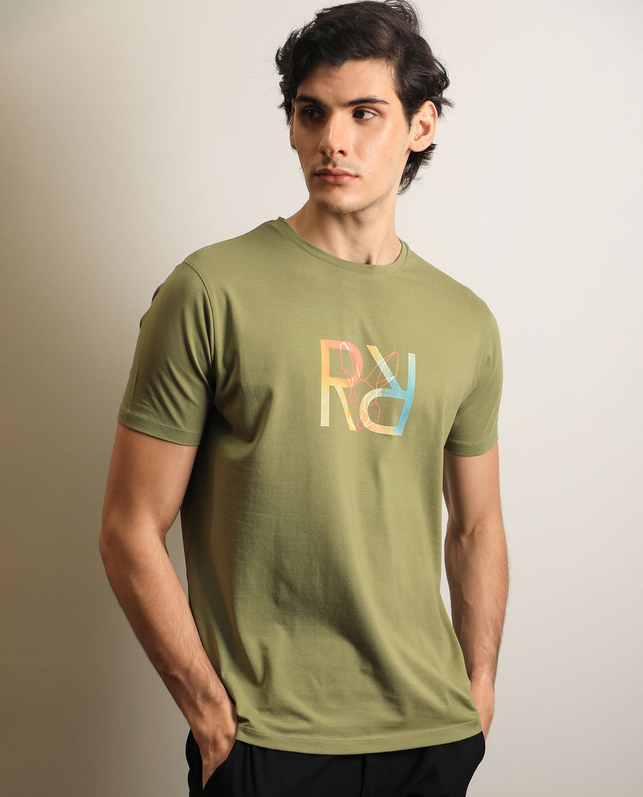 Rare Rabbit Men's Tack Olive Cotton Graphic Print Regular Fit Half Sleeve Crew Neck T-Shirt