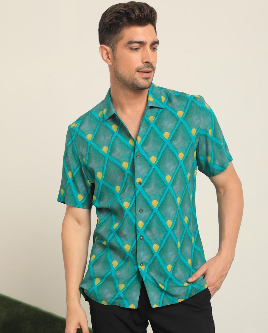 Rare Rabbit Men's Diam Dusky Green Viscose Geometric Print Regular Fit Half Sleeve Collared Shirt