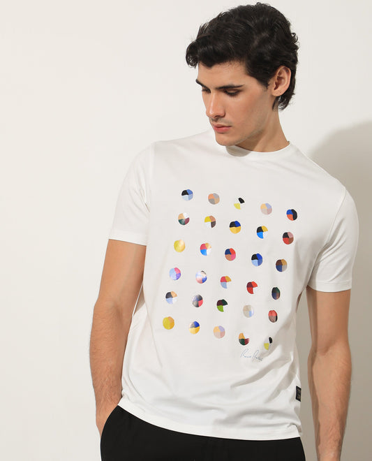Rare Rabbit Men's Flips Off White Cotton Graphic Print Slim Fit Half Sleeve Crew Neck T-Shirt