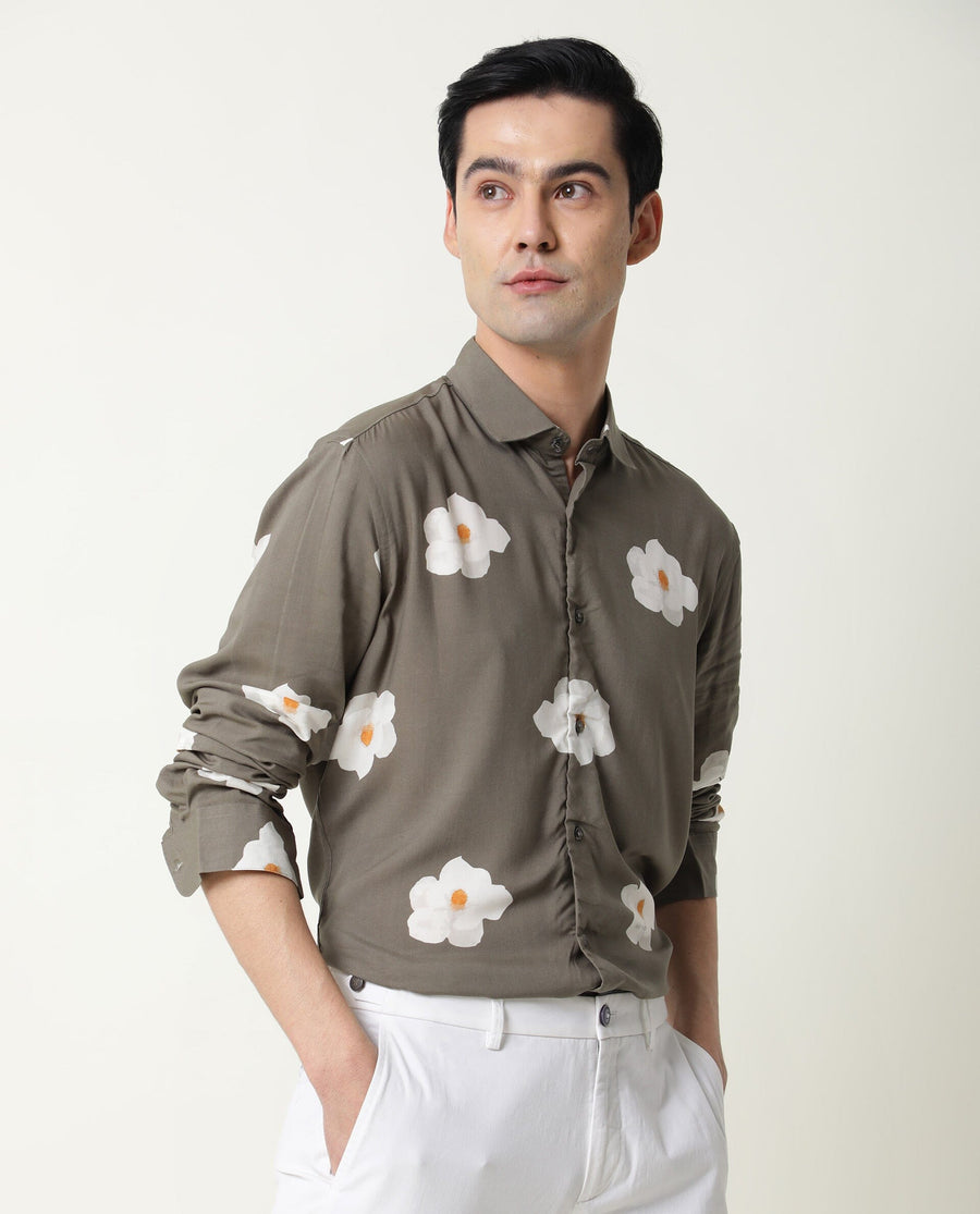 Rare Rabbit Men's Norton Olive Cotton Floral Print Regular Fit Full Sleeve Collared Shirt