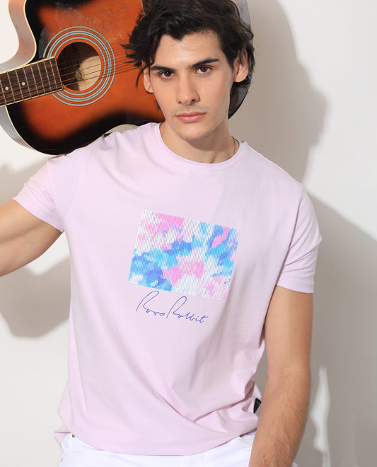 Rare Rabbit Men's Reed Pink Cotton Graphic Print Slim Fit Half Sleeve Crew Neck T-Shirt