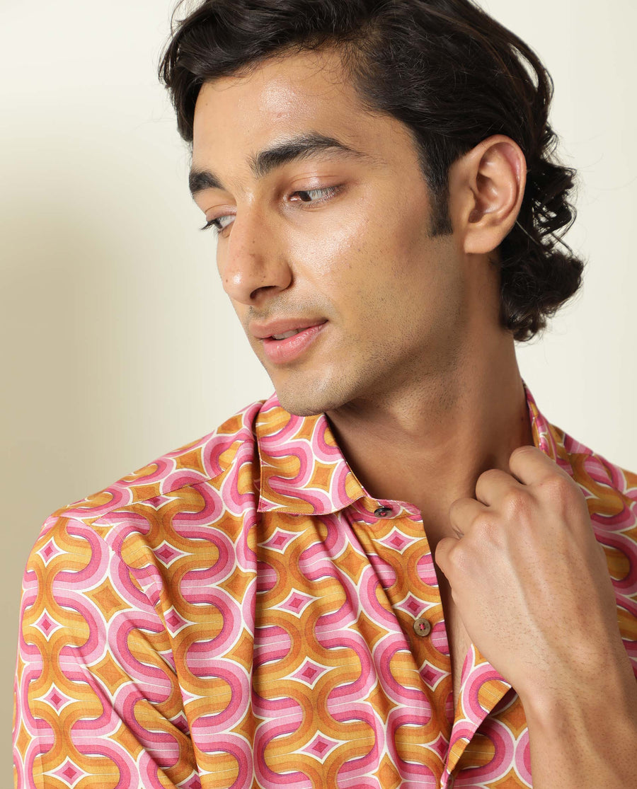 Rare Rabbit Men's Rebeus Multi Viscose Geometric Print Regular Fit Half Sleeve Collared Shirt