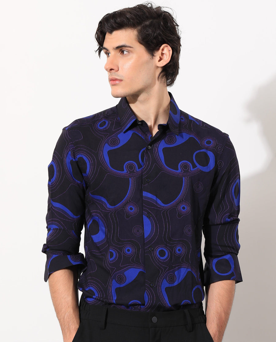 Rare Rabbit Men's Inlet Navy Cotton Abstract Print Regular Fit Full Sleeve Collared Shirt