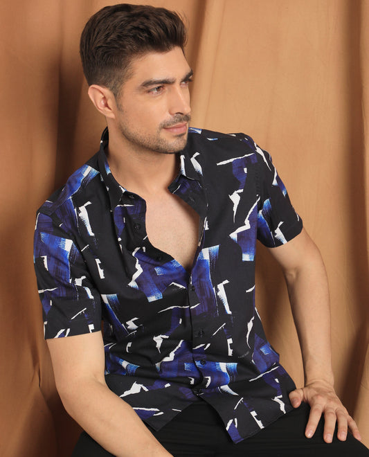 Rare Rabbit Men's Canva Blue Viscose Abstract Print Regular Fit Half Sleeve Collared Shirt