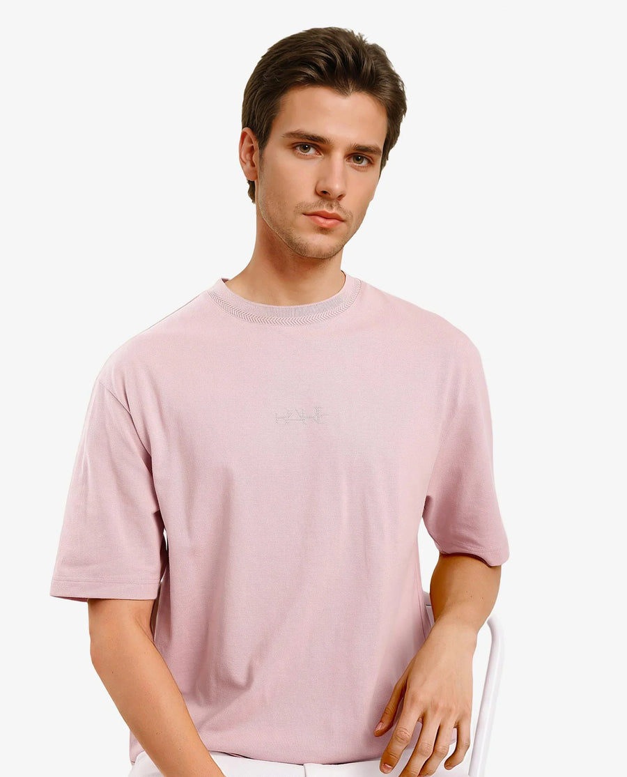 Rare Rabbit Men's Heros-1 Light Pink Cotton Blend Plain Oversized Fit Half Sleeve Crew Neck T-Shirt