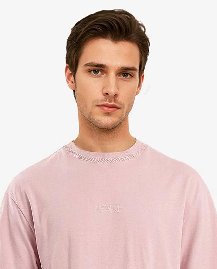 Rare Rabbit Men's Heros-1 Light Pink Cotton Blend Plain Oversized Fit Half Sleeve Crew Neck T-Shirt