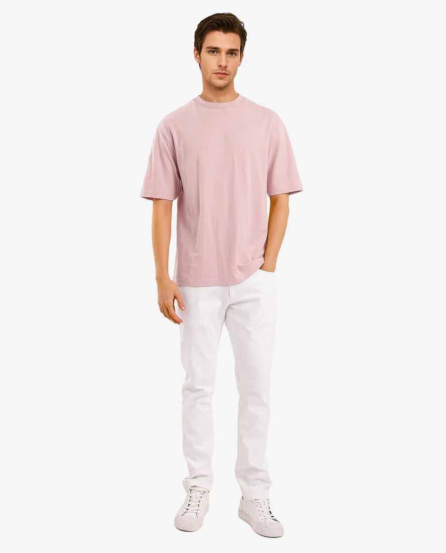 Rare Rabbit Men's Heros-1 Light Pink Cotton Blend Plain Oversized Fit Half Sleeve Crew Neck T-Shirt