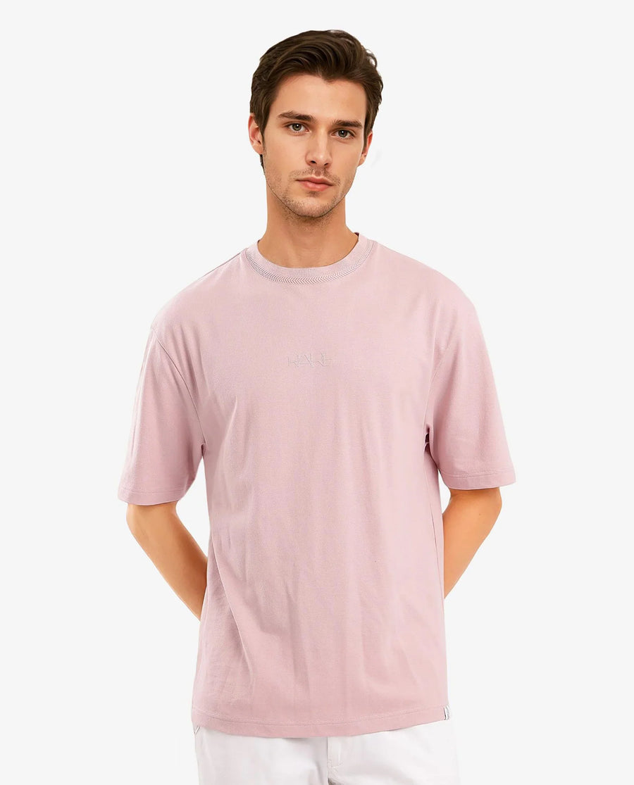 Rare Rabbit Men's Heros-1 Light Pink Cotton Blend Plain Oversized Fit Half Sleeve Crew Neck T-Shirt