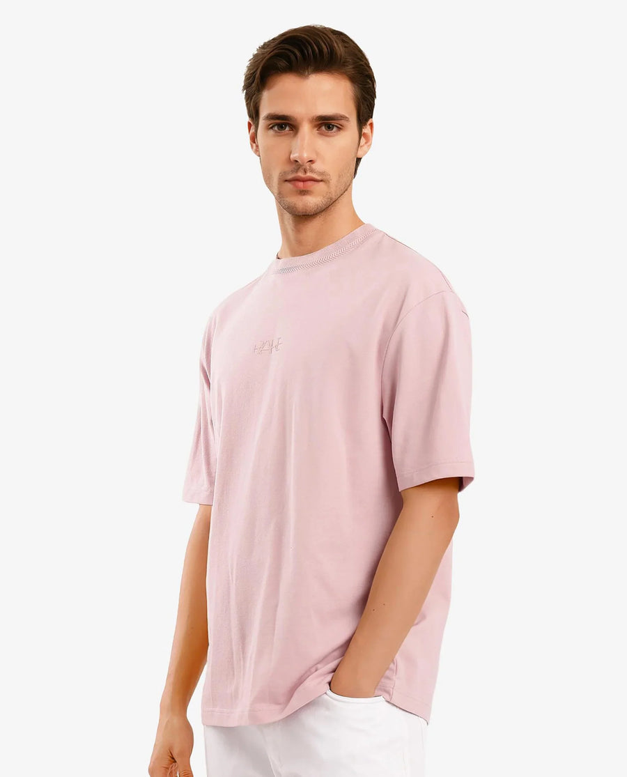 Rare Rabbit Men's Heros-1 Light Pink Cotton Blend Plain Oversized Fit Half Sleeve Crew Neck T-Shirt