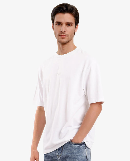 Rare Rabbit Men's Heros-1 White Cotton Blend Plain Oversized Fit Half Sleeve Crew Neck T-Shirt