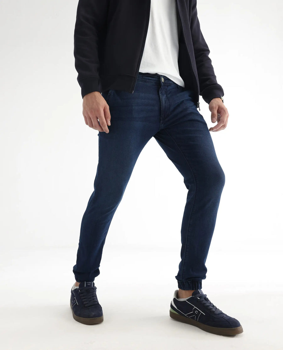Rare Rabbit Men's Higg Blue Cotton Plain Hawk Slim Fit Jeans