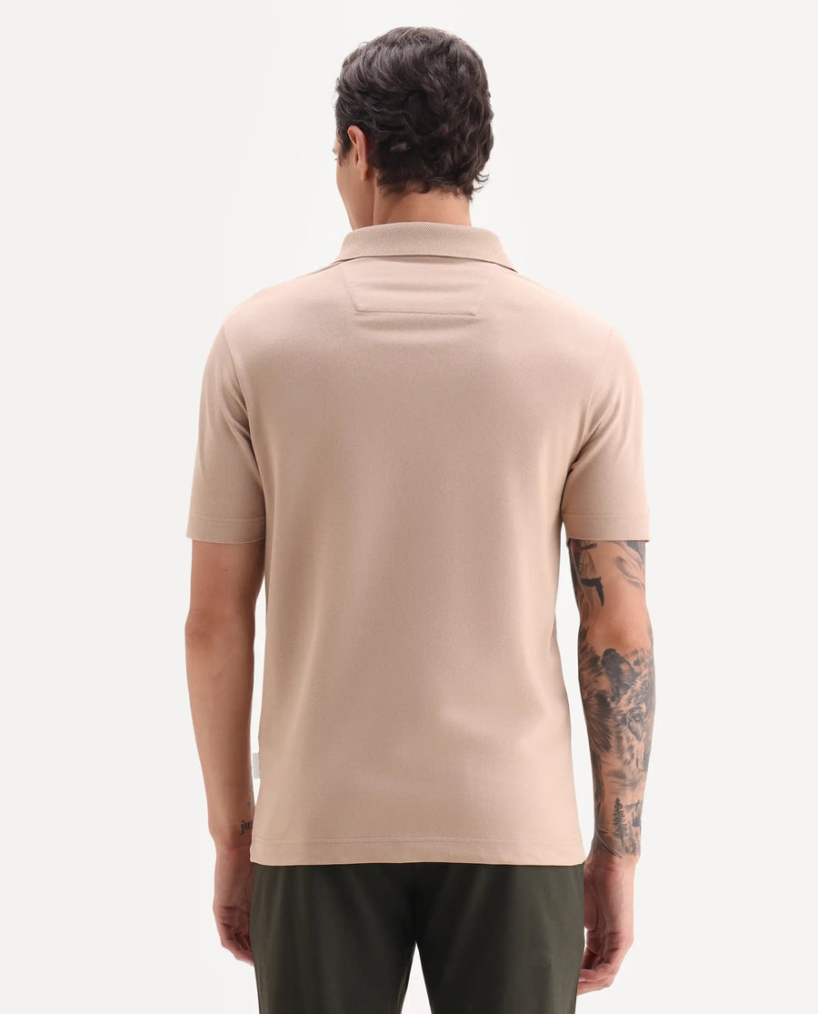 Rare Rabbit Men's Hin Beige Cotton Blend Fabric Half Sleeve Spread Collar Plain Polo