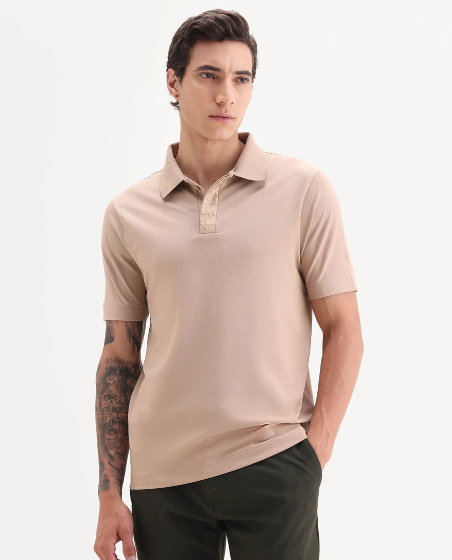 Rare Rabbit Men's Hin Beige Cotton Blend Fabric Half Sleeve Spread Collar Plain Polo