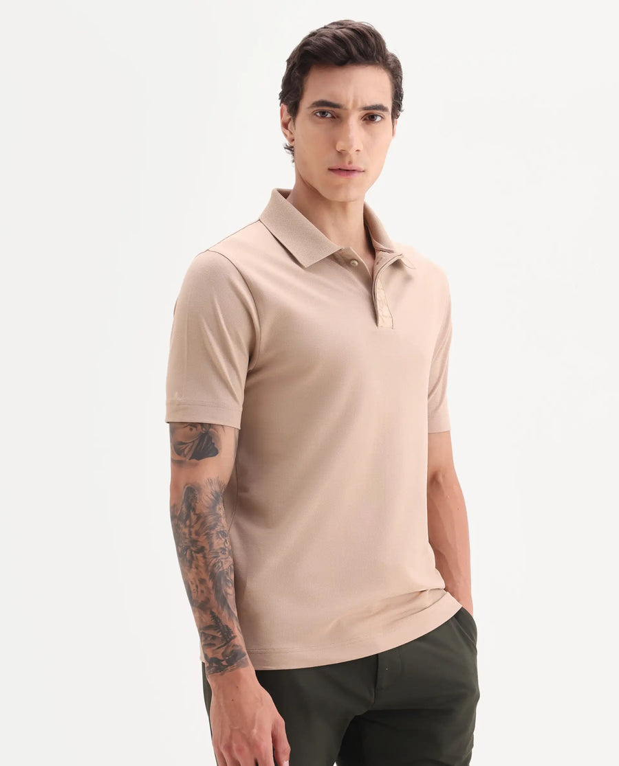 Rare Rabbit Men's Hin Beige Cotton Blend Fabric Half Sleeve Spread Collar Plain Polo