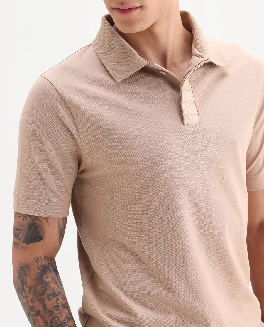 Rare Rabbit Men's Hin Beige Cotton Blend Fabric Half Sleeve Spread Collar Plain Polo